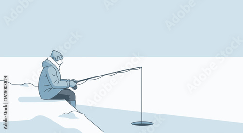 Man Ice Fishing On A Frozen Lake Minimalist Winter Adventure Illustration