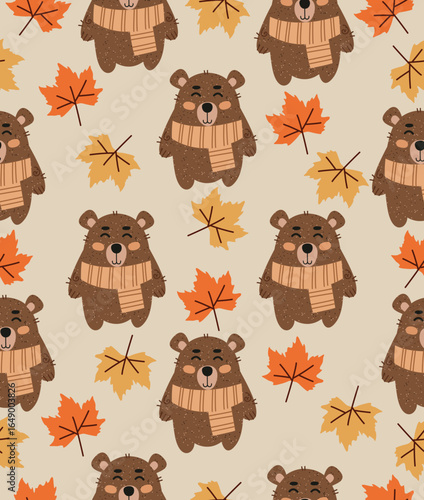 Autumn bear pattern on a brown background.