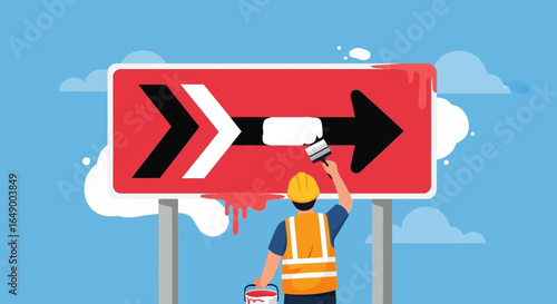 Maintenance Man Restoring Directional Signage in Bright Vector Illustration