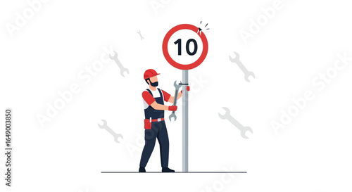 Maintenance Mechanic Repairing Damaged Street Sign With Number Ten On White Backdrop