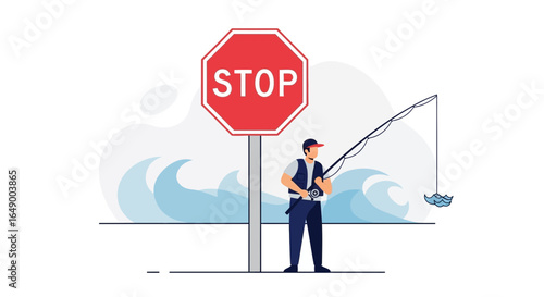 Man Ignoring Stop Sign Fishing at Risky Area Conceptual Illustration