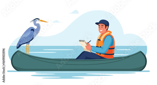 Man In Canoe Drawing Bird While Exploring Nature Scene By The Water