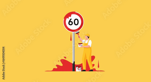 Maintenance Worker Repainting Road Speed Limit Sign On a Vibrant Yellow Background