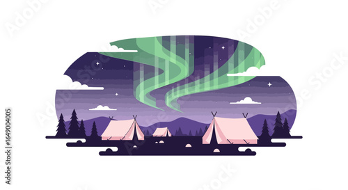 Majestic Aurora Borealis Over Wilderness Camping Scene Under Starry Night Sky