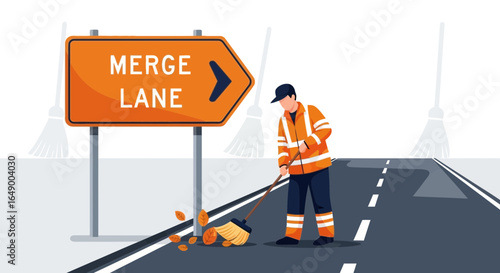 Maintenance Worker Sweeping Fallen Leaves By The Merge Lane Road Sign