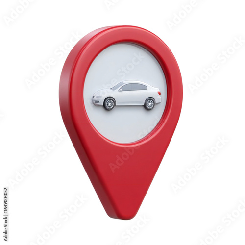A 3d render of a red map pin with a white car inside, isolated on a transparent background, symbolizing car location, navigation, and travel