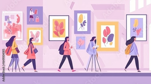 Art Gallery Exhibition: Women Admiring Botanical Paintings