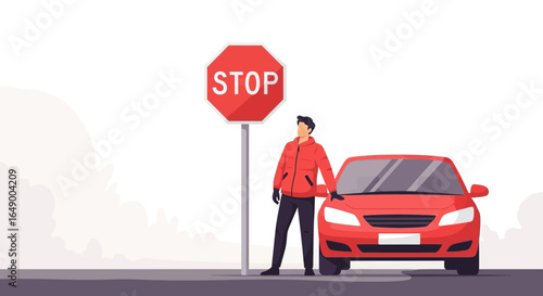 Man Leaning On Stop Sign With Car Showing Road Safety Concept Illustration
