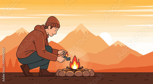 Man Lights Campfire In The Wilderness Scene Under Sunset Mountains Background