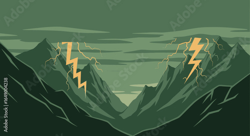 Majestic Mountain Range Landscape Scene With Dramatic Lightning Illustration