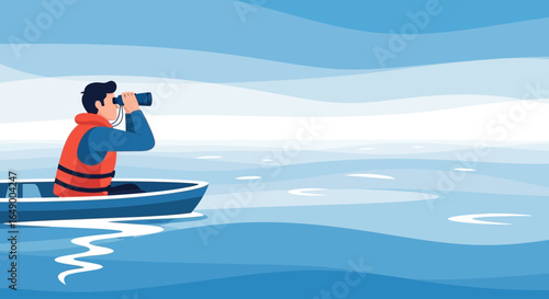 Man Looking Through Binoculars From A Small Boat Amidst The Endless Ocean