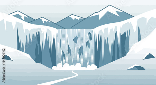 Majestic Winter Cascade Scene With Ice Formations And Snow Covered Peaks