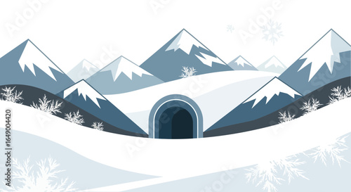 Majestic Winter Landscape With Snow Capped Mountains And Ice Cave Entrance