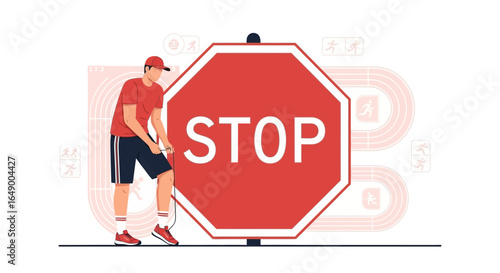 Male Athlete Ceasing Training Due to Injury Illustration Near Stop Sign