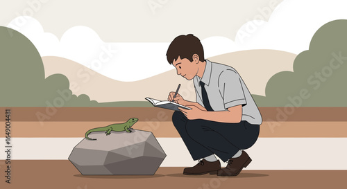 Man Observes and Documents a Lizard in Its Natural Habitat Outside