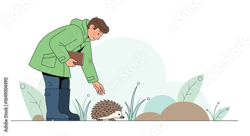 Man Observing Hedgehog In Nature Cute Encounter With Wildlife Flat Illustration