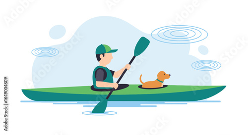 Man And Dog On Kayak Trip In Calm Waters, Vector Illustration Concept