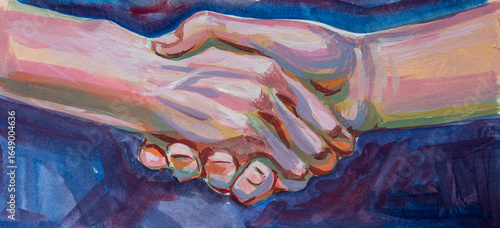 Closeup of hands supporting each other artwork. Abstract people relationships concept painting.