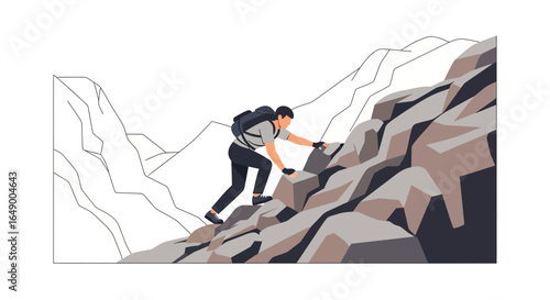 Man Ascending Mountain Reaching Peak Through Challenging Terrain Vector Illustration
