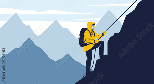 Man Ascending Mountain Summit With Rope In Harsh Weather Conditions