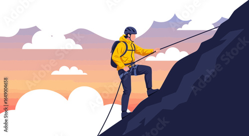 Man Ascending Rocky Peak With Rope Achieving Success Overcome Challenge