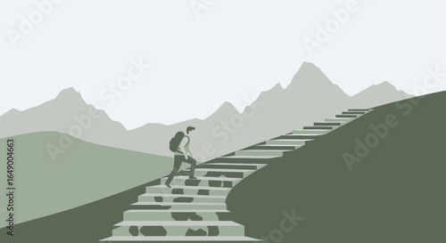 Man Ascending Stairway To Mountain Top Reaching His Goals Achievement Concept