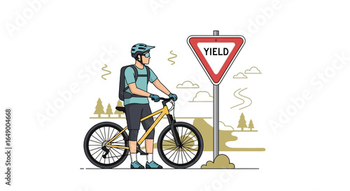 Man On Mountain Bike Stopping At A Yield Sign In A Rural Landscape