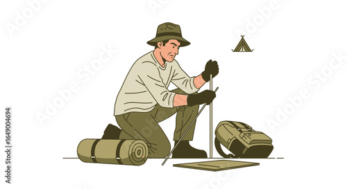 Man Assembles Camping Tent While Enjoying Outdoor Adventure For Recreational Activity