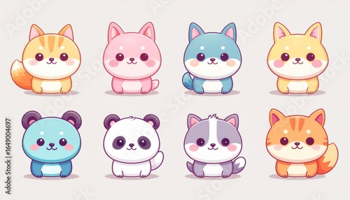 A charming collection of cute kawaii chibi animal characters. Adorable set of cartoon pets including a cat, dog, panda, and bear for design projects.