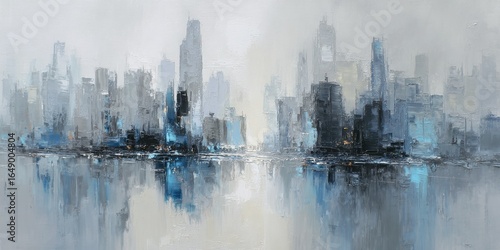 Panel kuchenny z motywem Abstract cityscape, painted in muted tones of gray and blue, with reflections on a still body of water.  A hazy, atmospheric perspective evokes a sense of distance and calm.  