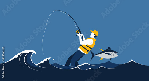 Man Big Game Fishing Illustration With a Tuna On the Ocean With Waves