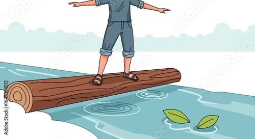 Man Balances on Log Crossing A Cartoon River for Summer Adventure