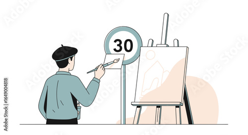 Man Painting Landscape At Number Thirty Speed Limit Sign Creative Illustration
