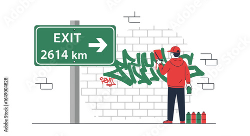 Man Painting Graffiti on Brick Wall near Exit Sign Illustration
