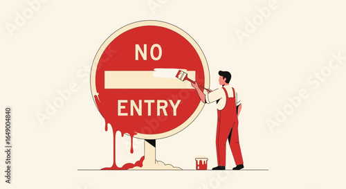 Man Painting Over A No Entry Sign Symbolizing Change And New Beginnings