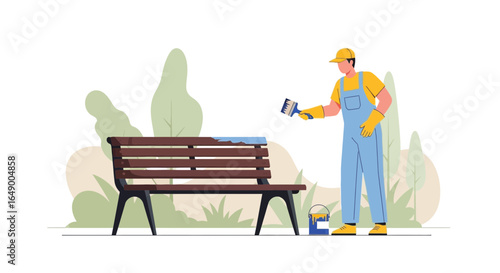 Man Painting Park Bench Illustration Scene Maintenance and Renovation Service