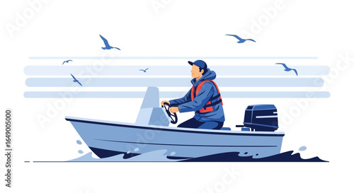 Man Piloting Motorboat Across Waterway With Flying Seagulls In Calm Landscape