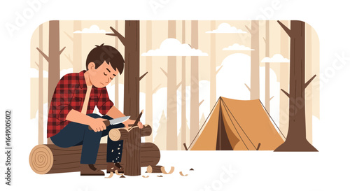Man Carving Wood in Forest Camp A Serene Outdoor Adventure Scene