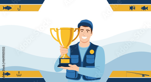 Man Celebrating a Fishing Competition Victory Holding a Golden Trophy Cup
