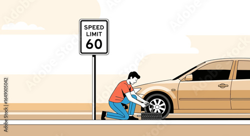 Man Changing Car Tire Beside Speed Limit Sign Illustration Concept