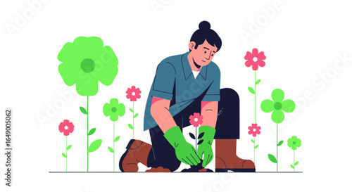 Man Planting Flowers In The Garden Enjoying Nature And Outdoor Activities