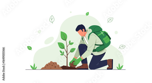 Man Planting New Tree With Backpack For Green Earth Day Awareness