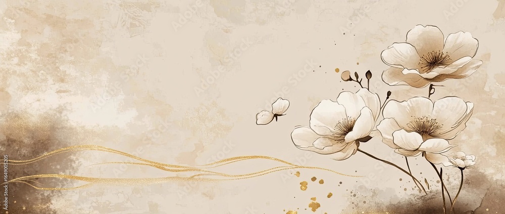 A light gray background with watercolor and gold leaf foliage A light gray background with watercolor and gold leaf foliage