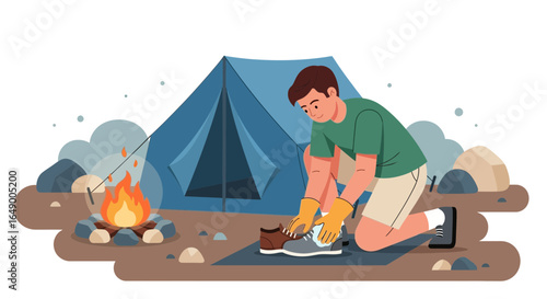Man Cleans Hiking Boots By Campfire After Outdoor Adventure Trip