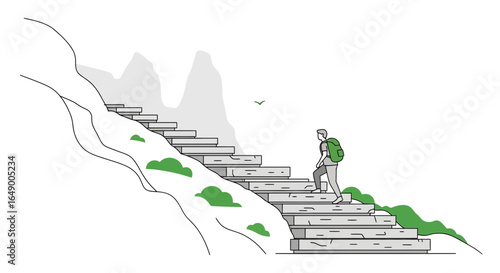 Man Climbing Steps Towards A Distant Goal In Nature Outdoor Illustration