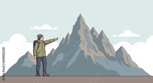 Man points at mountain peak illustration, journey adventure, and conquering heights