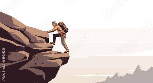 Man Climbing Up High Mountain Rock On An Outdoor Adventure Journey