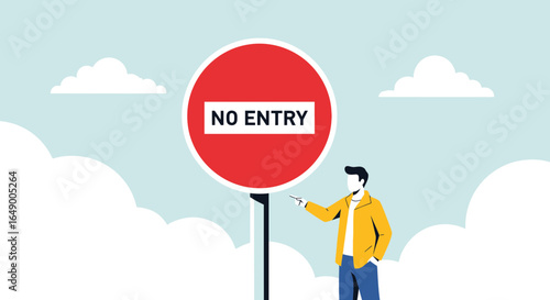 Man Points To No Entry Sign Under Sky With Clouds Illustration Concept