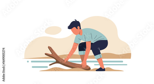 Man Collects Driftwood On A Beach For A Bonfire Or Beach Cleanup