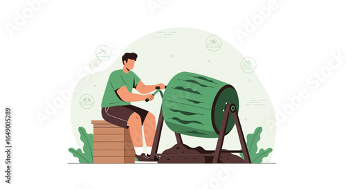 Man composting with a tumbler to recycle organic waste and promote sustainability lifestyle
